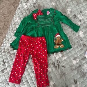 Festive Christmas Toddler Girls Green Dress and Red Polka Dot Pants Set